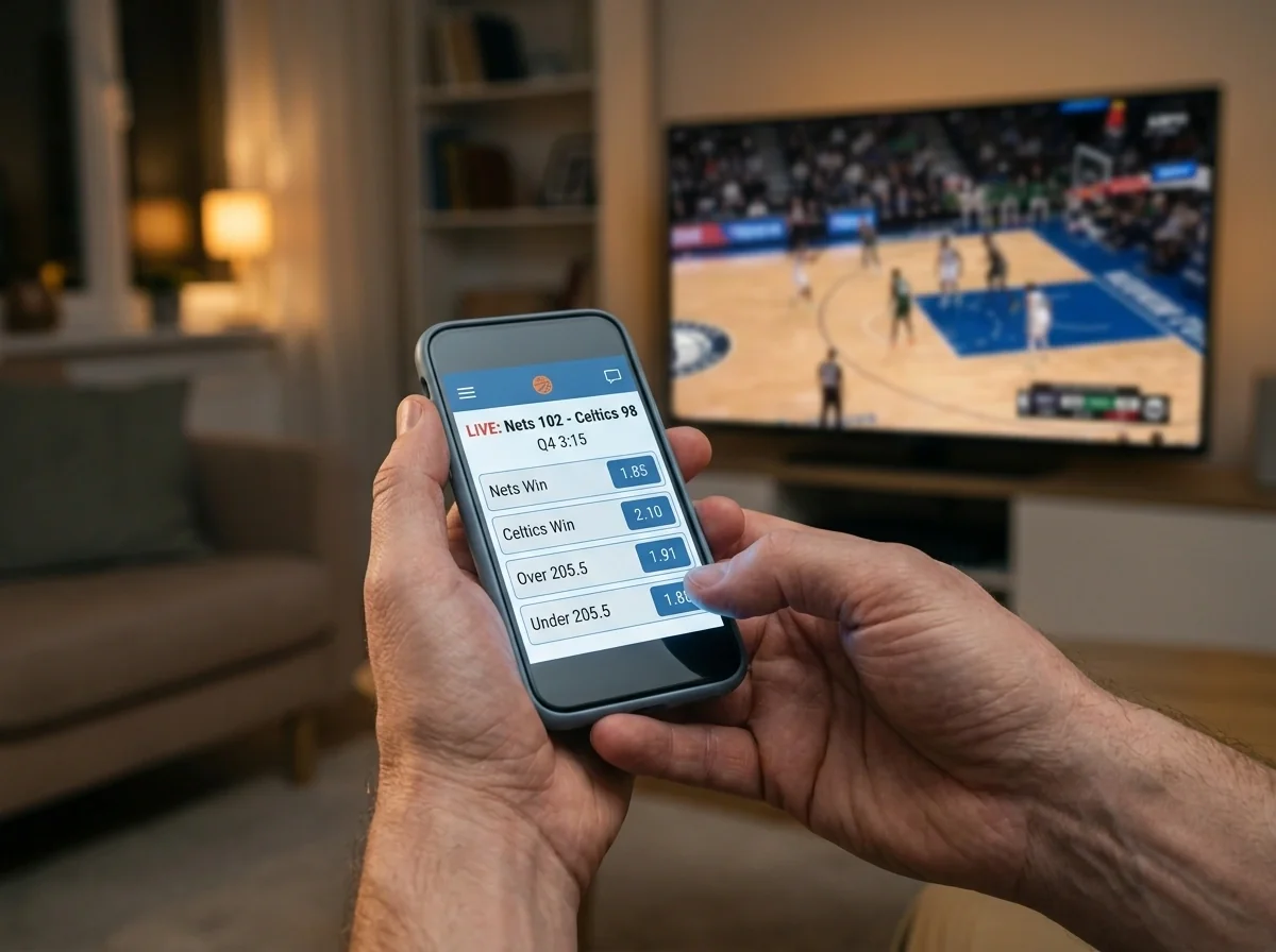 Žaidėjas stebi live lažybų ekraną su besikeičiančiais koeficientais išmaniajame telefone