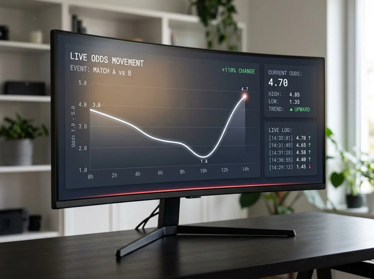 Monitoriaus ekranas su live koeficientų grafiku ir kursų šuoliais realiu laiku